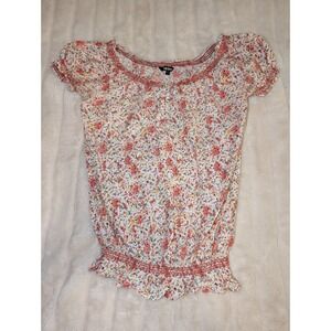 Nuon Women's‎ Cotton Smocked Floral Short Sleeve Elastic Waist Blouse Small